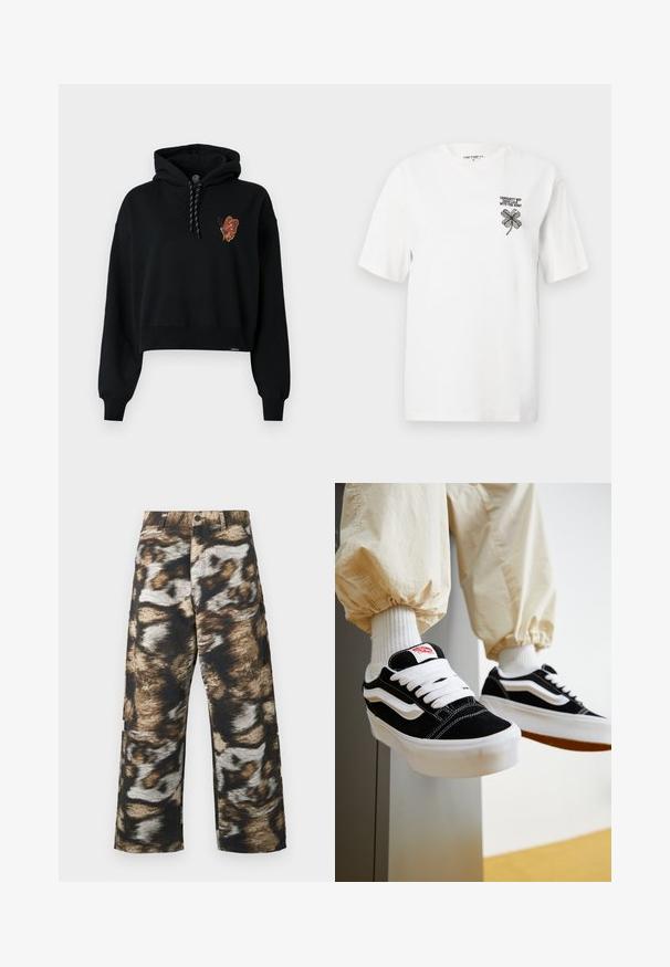 Μαύρο κοντό hoodie με γραφικό πεταλούδας σε πορτοκαλί τόνους στο στήθος, διαθέτοντας κουκούλα με κορδόνι και ριμπά μανίκια.; Λευκό βαμβακερό μπλουζάκι με κοντά μανίκια, στρογγυλή λαιμόκοψη και μαύρο κεντημένο τριφύλλι με κείμενο στην αριστερή περιοχή του στήθους.; Παντελόνια με ευρύ μπατζάκι που παρουσιάζουν ένα τολμηρό, αφηρημένο μοτίβο σε αποχρώσεις μαύρου, καφέ και κρεμ. Κατασκευασμένα από υφασμάτινη υφή με ψηλή μέση.; Άτομο που φοράει μαύρα και λευκά Vans sneakers με λευκά κορδόνια, λευκές κάλτσες και μπεζ παντελόνι με ελαστικές μανσέτες.