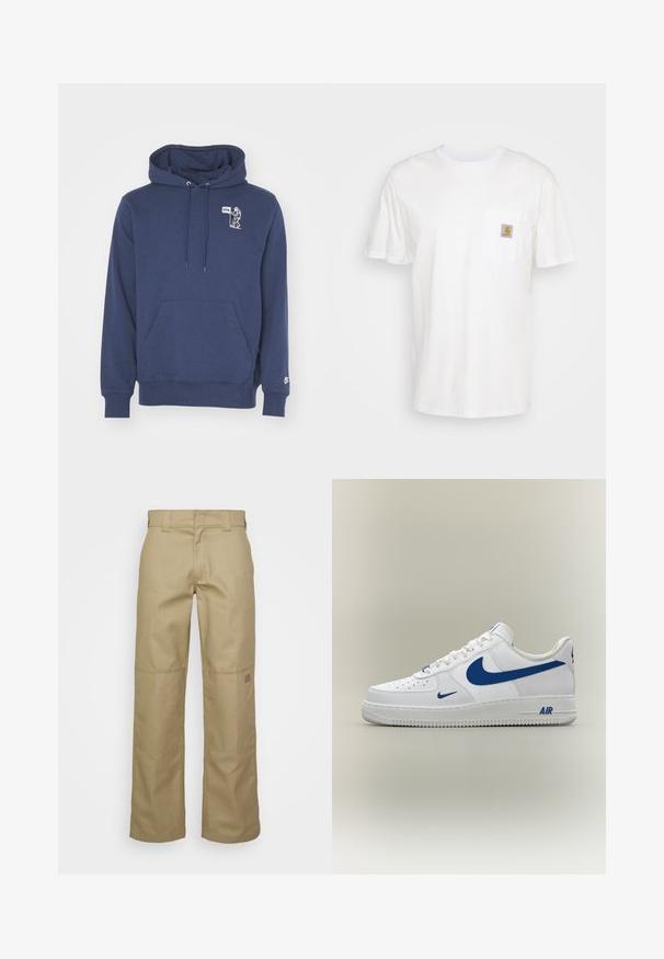 Sudadera azul marino hecha de una tela suave. Cuenta con un bolsillo canguro en la parte frontal, capucha con cordones y un gráfico blanco con texto en el pecho.; Camiseta de algodón blanca con mangas cortas, un bolsillo en el pecho y un pequeño parche cuadrado de logo en naranja y blanco en el bolsillo.; Pantalones de pierna ancha en color beige, confeccionados con una mezcla de algodón. Cuentan con parches de refuerzo en las rodillas y un pequeño parche con el logo en la parte superior de la pierna.; Zapatilla blanca Nike Air Force 1 con logotipos swoosh azules y texto "AIR" en la suela, mostrada de perfil sobre un fondo neutro.
