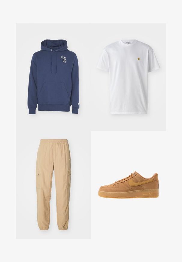 Sudadera azul marino hecha de una tela suave. Cuenta con un bolsillo canguro en la parte frontal, capucha con cordones y un gráfico blanco con texto en el pecho.; Camiseta de algodón blanca con mangas cortas, cuello redondo, que presenta un pequeño logo dorado en la parte izquierda del pecho. Textura suave y corte regular.; Pantalones cargo beige hechos de una tela ligera, con una cinturilla elástica, dos bolsillos laterales y puños elásticos en los tobillos.; Nike Sportswear AIR FORCE 1 07 - Zapatillas - flax/wheat/light brown/black/team gold