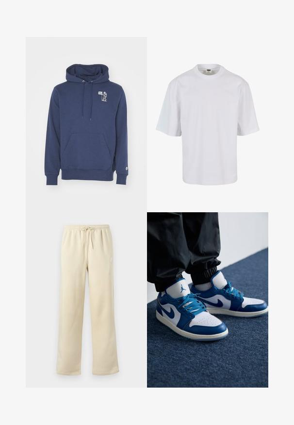 Marineblauer Hoodie aus weichem Stoff. Mit einer vorderen Kängurutasche, Kapuze mit Kordelzug und einem weißen Grafikdesign mit Text auf der Brust.; Weißes T-Shirt mit kurzen Ärmeln aus Baumwolle. Verfügt über einen Rundhalsausschnitt und einen lockeren Schnitt mit glatter Oberfläche sowie ohne sichtbare Muster oder Grafiken.; Beige Sweatpants mit lockerem Schnitt, elastischem Bund und Kordelzug, mit kleinem weißen Nike-Logo auf dem linken Oberschenkel.; Die Nike Air Jordan Sneakers verfügen über eine weiße Lederbasis mit blauen synthetischen Akzenten, einer perforierten Zehenbox und blauen Schnürsenkeln.