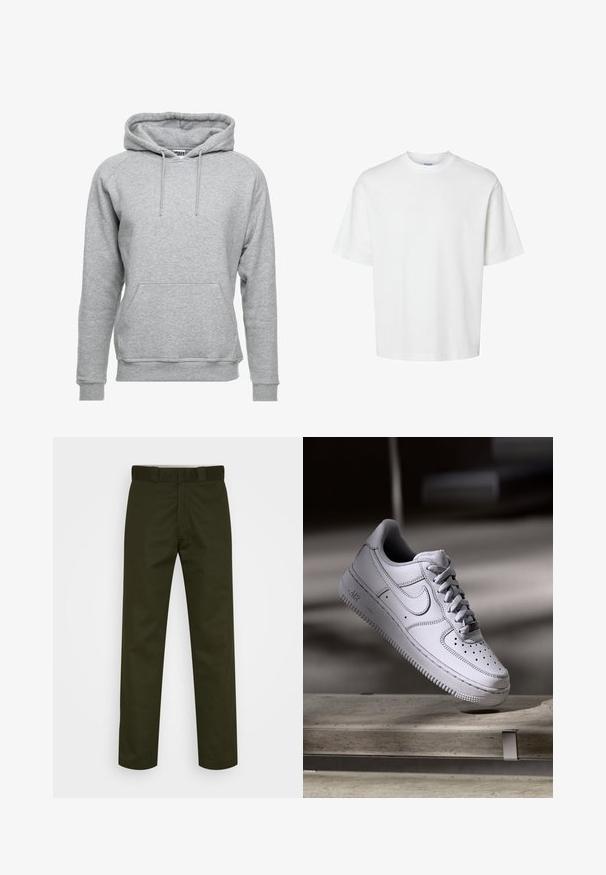 Grå hættetrøje lavet af blødt bomuldsstof, med en frontlomme, justerbare snore og ribbede manchetter og nederste kant.; Enkel hvid t-shirt med korte ærmer, rund hals og løs pasform vist på hvid baggrund.; Mørkegrønne bukser med lige ben, lavet af et glat stof. Har en flad front, bæltestropper og ingen synlige mønstre eller hardware.; Hvid læder Nike Air Force 1 sneaker med perforeret tå, flade snørebånd og tekstureret gummisål med "AIR" branding på siden.