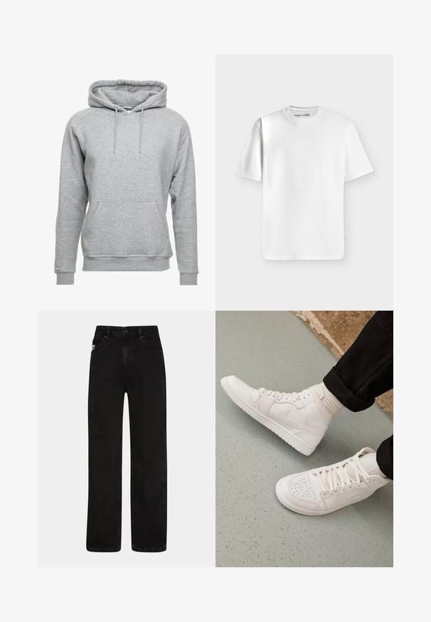 Grijze hoodie van zacht katoen, met een voorzak, verstelbare koordjes en ribbelboorden aan de mouwen en onderkant.; Effen wit T-shirt met korte mouwen en een ronde hals, plat liggend op een lichtgrijze achtergrond met een klein merkje aan de binnenkant van de halslijn.; Zwarte denim jeans met een rechte pijp, voorzien van voorzakken, een knoopsluiting en een subtiele logopatch op de tailleband.; Witte hoge sneakers van glad leer met een geperforeerde teen, vetersluiting en subtiele logo-details aan de zijkant. Geprofileerde rubberen zool.