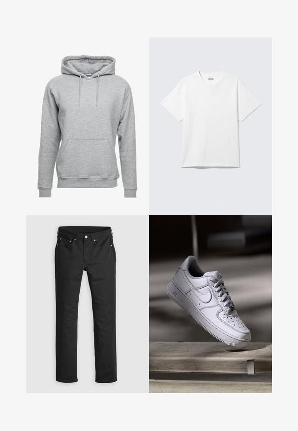 Grå hættetrøje lavet af blødt bomuldsstof, med en frontlomme, justerbare snore og ribbede manchetter og nederste kant.; Hvid kortærmet crewneck T-shirt lagt fladt ud, ensfarvet design, med "WEEKDAY" mærkat inde i kraven på en lys baggrund.; Sorte denimbukser med lige ben, der har lynlås i gylpen, fem lommer og metalknapdetaljer. Glat tekstur.; Hvid læder Nike Air Force 1 sneaker med perforeret tå, flade snørebånd og tekstureret gummisål med "AIR" branding på siden.