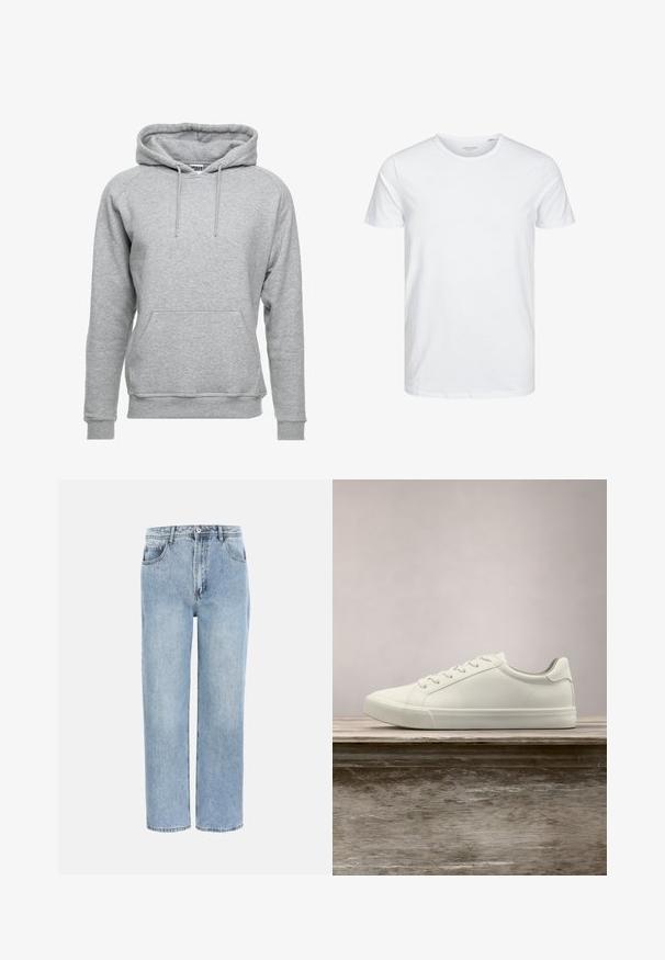 Grå hættetrøje lavet af blødt bomuldsstof, med en frontlomme, justerbare snore og ribbede manchetter og nederste kant.; Rundhals kortærmet t-shirt i ensfarvet hvid, lavet af blød bomuld, har et simpelt design uden synlige mønstre eller detaljer.; Lyseblå straight-fit jeans i denim med forlommer, bæltestropper og knaplukning på hvid baggrund.; Hvide snørresneakers svævende over en træbænk med grønne planter i baggrunden, der fremhæver skodesign og tekstur.