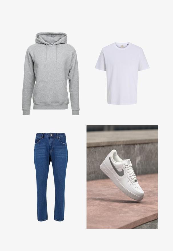 Grå hættetrøje lavet af blødt bomuldsstof, med en frontlomme, justerbare snore og ribbede manchetter og nederste kant.; Hvid bomulds T-shirt med rund halsudskæring, korteærmer og et diskret logo på brystet. Glat tekstur og afslappet pasform.; Mørkeblå denimjeans med lige ben, der har en frontknap, lynlås og fem-lommers design. Glat tekstur med let falming.; Hvid Nike Air Force 1 sneaker med gråt swoosh-logo svævende over en stensurface og en grå stenvæg i baggrunden.