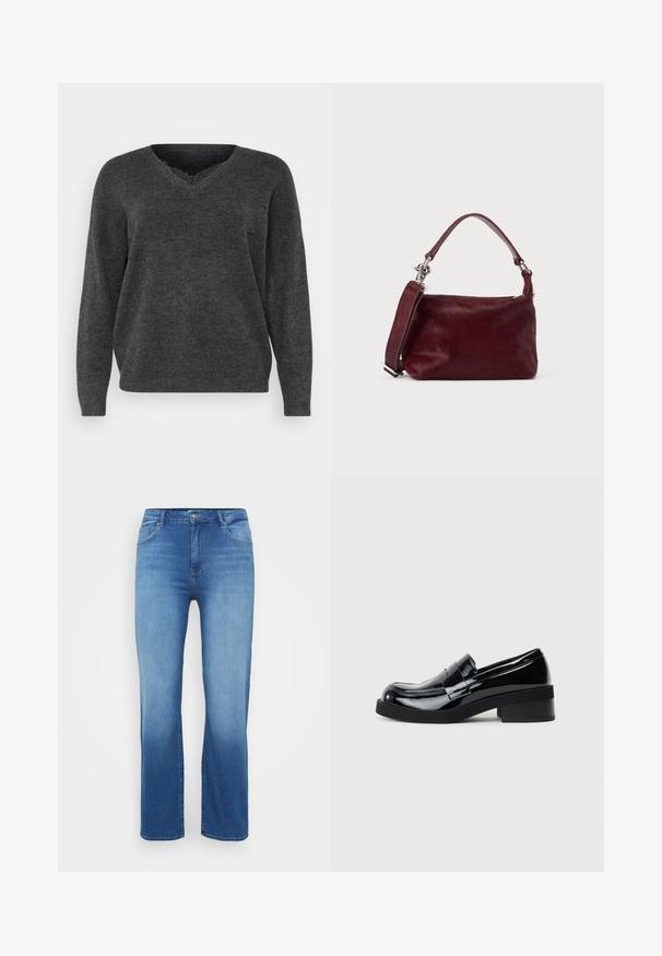 Donkergrijze gebreide trui met een v-hals, lange mouwen en een ontspannen pasvorm. Zachte textuur, minimale details en een gladde afwerking.; Lichtblauwe denim jeans met een rechte snit, vijf zakken en een vervaagd effect aan de onderkant. Knopen sluiting bij de taille.; Zwarte lakleren instappers met een ronde neus, lage blokhak en een gladde, glanzende afwerking. Beschikt over een decoratieve band aan de voorkant.; Kleine rechthoekige bordeauxrode handtas met gestructureerde afwerking, korte handgreep en afneembare schouderriem op een effen lichte achtergrond.