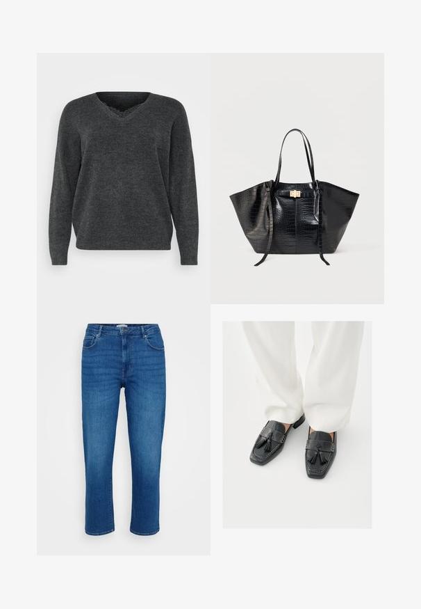 Pull en tricot gris foncé avec un col en V, des manches longues et une coupe décontractée. Texture douce, détails minimes et finition lisse.; Jeans en denim bleu avec une coupe droite, style cinq poches, et une fermeture classique par bouton et zip, présentant des effets de décoloration subtils à l'avant.; Mocassins en cuir noir avec pampilles, présentant des bouts carrés et des coutures décoratives, assortis à un pantalon blanc à jambes larges.; Sac fourre-tout noir avec texture crocodile, deux longues poignées et une petite fermeture rectangulaire dorée à l'avant.