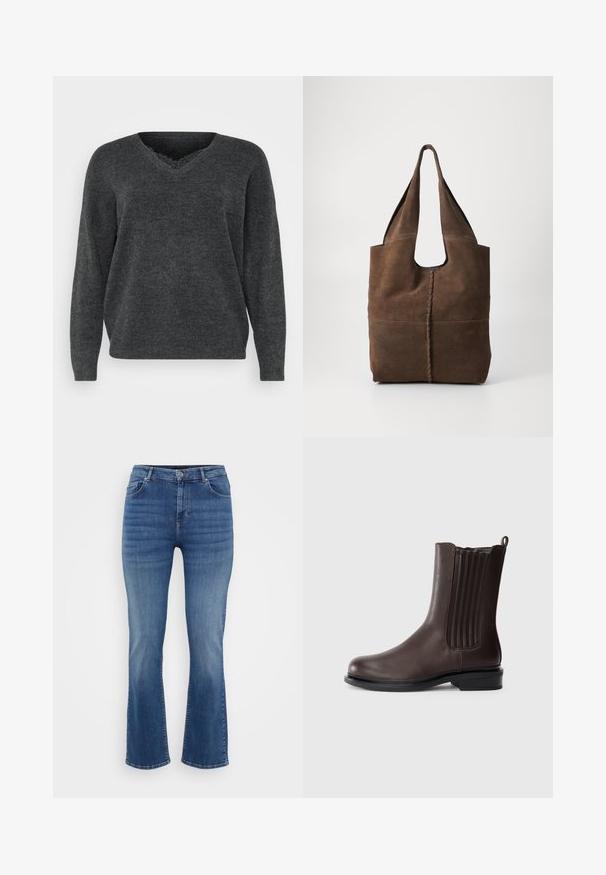 Donkergrijze gebreide trui met een v-hals, lange mouwen en een ontspannen pasvorm. Zachte textuur, minimale details en een gladde afwerking.; ONLY Carmakoma Straight fit CARWILLY Mid waist - Straight leg jeans - dark blue denim; Bruin lederen enkelboot met een ronde neus, elastische zijpanelen en een aantrekband; de lage zwarte hak voegt contrast toe aan het ontwerp.; Bruine suede tote bag met een slungelige ontwerp, voorzien van twee lange handvatten, een centrale naad en een ruwe afwerking.