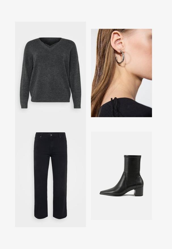 Donkergrijze gebreide trui met een v-hals, lange mouwen en een ontspannen pasvorm. Zachte textuur, minimale details en een gladde afwerking.; Zwarte denim jeans met een rechte pijpontwerp. Kenmerken zijn een sluiting met knoop in de taille, riemlussen en voor-/achterzakken. Gladde textuur.; Zwarte enkelboot van soepel leer, met een spitse neus, een blokhak en duidelijke verhoogde stiksels aan de bovenrand.; Zilveren oorbel met een gepolijste afwerking, met kleine gouden accentdetails en een ronde vorm, gedragen op de oorlel.