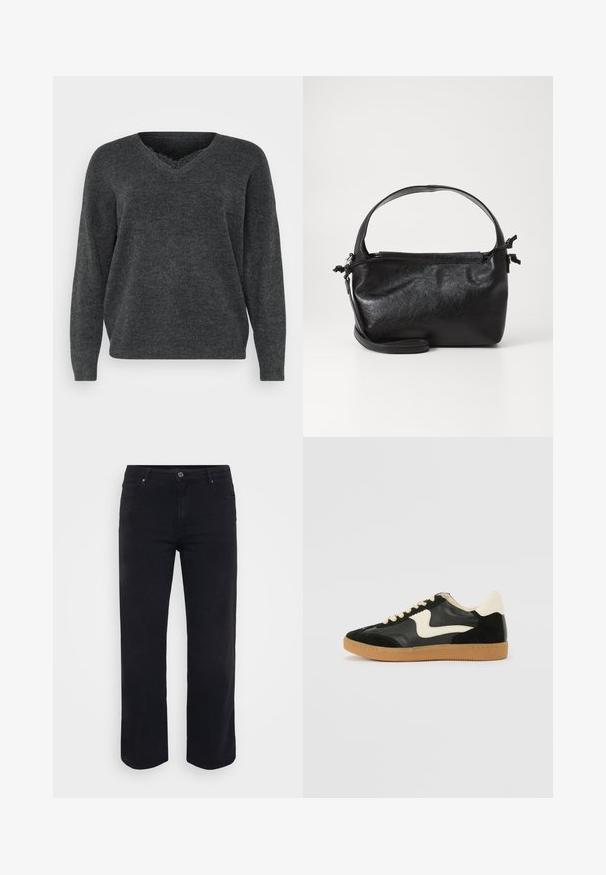 Pull en tricot gris foncé avec un col en V, des manches longues et une coupe décontractée. Texture douce, détails minimes et finition lisse.; Jeans en denim noir avec une coupe droite. Les caractéristiques incluent une fermeture à bouton à la taille, des passants de ceinture et des poches avant/arrière. Texture lisse.; Baskets en daim et cuir noir avec un swoosh latéral crème et un talon crème clair. Dotées de lacets beige et d'une semelle en caoutchouc gomme.; Sac à main en cuir noir au design structuré, avec une poignée arrondie et une bandoulière amovible. Présente une texture lisse et un éclat subtil.