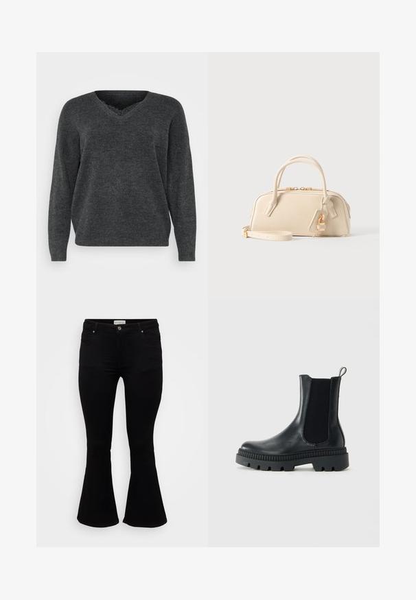 Donkergrijze gebreide trui met een v-hals, lange mouwen en een ontspannen pasvorm. Zachte textuur, minimale details en een gladde afwerking.; Zwarte flare jeans van zachte denim, met een aansluitende taille, voorzakken en een flared zoom voor een ontspannen pasvorm.; Zwarte leren enkellaars met chunky rubberen zool, elastische zijpaneel en een trekband aan de achterkant, tegen een effen lichte achtergrond.; Kleine beige handtas met dubbele handvaten, gouden rits en afneembare band, met een gouden hangslot bedel op een effen achtergrond.