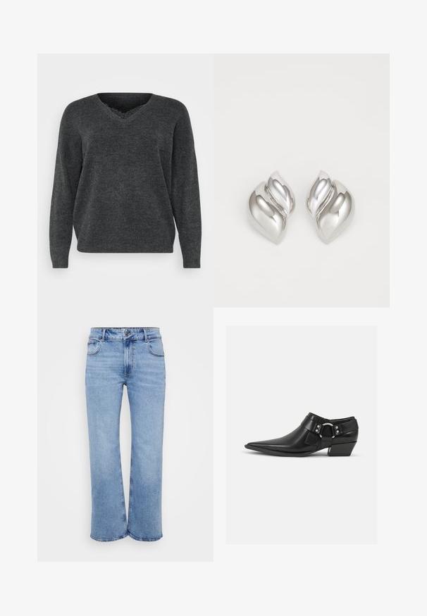 Dunkelgrauer Strickpullover mit V-Ausschnitt, langen Ärmeln und lockerer Passform. Weiche Textur, minimale Details und glatte Oberfläche.; Hellblaue weit geschnittene Jeans aus Denim, ausgestattet mit fünf Taschen, einem Reißverschluss vorne und einem Knopfverschluss. Dezente Nähtdetails entlang der Nähte.; Schwarze Leder-Ankle-Boots mit spitzem Zeh, ausgestattet mit einem vorderen Leder-Riemen und einem silbernen Schnallendetail sowie einem niedrigen Blockabsatz.; Silberne Ohrringe mit einer organischen, abstrakten Form. Glatte, glänzende Oberfläche mit einem konischen Design. Mit dezenten Kurven und einem zentralen Linienelement.
