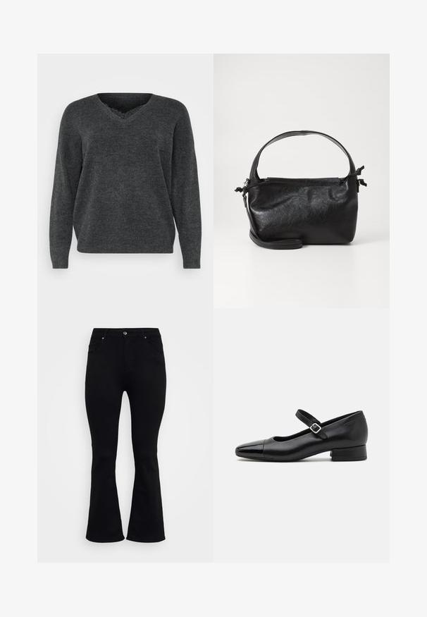 Pull en tricot gris foncé avec un col en V, des manches longues et une coupe décontractée. Texture douce, détails minimes et finition lisse.; ONLY Carmakoma Flared fit CARWILLY High waist - Jean flare - black denim; Chaussures Mary Jane en cuir noir avec un embout en vernis, une sangle cheville réglable et un petit talon carré. Texture lisse et design élégant.; Sac à main en cuir noir au design structuré, avec une poignée arrondie et une bandoulière amovible. Présente une texture lisse et un éclat subtil.