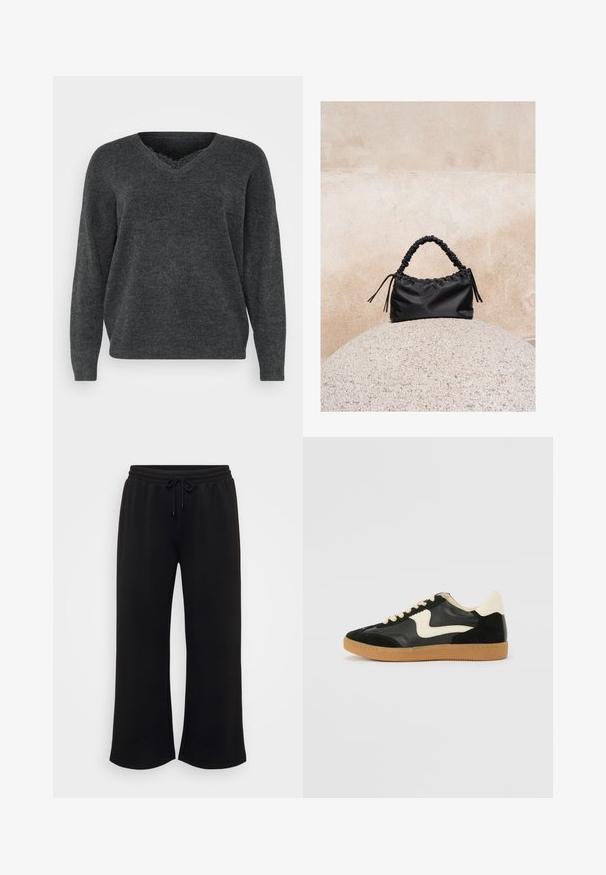 Mørkegrå strikket sweater med v-hals, lange ærmer og afslappet pasform. Blød tekstur, minimal detaljering og en glat overflade.; Sorte brede sweatpants med elastisk talje og snøre, der har en glat overflade og ingen synlige mønstre eller detaljer.; Sorte ruskinds- og lædersneakers med en cremefarvet side-swoosh og lys cremefarvet hæl. Har beige snørebånd og en gummirubber-sål.; Sort håndtaske med rynkede detaljer og et samlet håndtag, hvilende på en tekstureret stensfære mod en beige betonvæg.