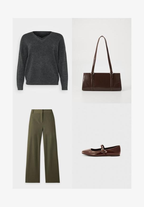Mørkegrå strikket sweater med v-hals, lange ærmer og afslappet pasform. Blød tekstur, minimal detaljering og en glat overflade.; Mørk olivengrønne bukser med vide ben, høj talje, bæltestropper og skjult forlukning foran på en ensfarvet lys baggrund.; Brun patentlæder balletflade med firkantet tå og strop med en lille guldbuckle. Glat tekstur, lav hæl og minimalistisk design.; Brun lakeret håndtaske med rektangulær form, to lange håndtag og subtile buede detaljer på fronten.