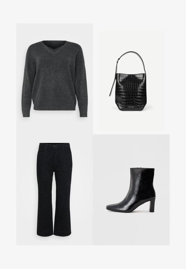 Mørkegrå strikket sweater med v-hals, lange ærmer og afslappet pasform. Blød tekstur, minimal detaljering og en glat overflade.; Sorte leopardmønstrede flared jeans med fem lommer, knaplukning, lynlås og tekstureret stof. Har et subtilt dyreprint.; Sorte ankelstøvler lavet af blank læder, med spidse tæer og en mellemstor blokhæl, med en glat tekstur og et enkelt design.; Sort spandtaske i krokodillepræget læder med enkelt skulderrem og lille sølvfarvet mærkelogo foran nederst i midten.