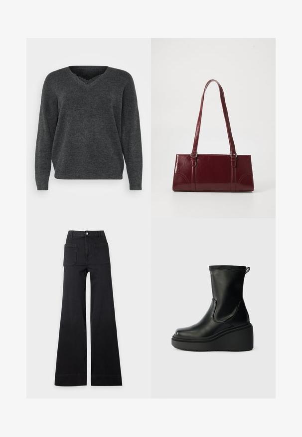 Donkergrijze gebreide trui met een v-hals, lange mouwen en een ontspannen pasvorm. Zachte textuur, minimale details en een gladde afwerking.; Zwarte broek met hoge taille en wijde pijpen, voorste klepzakken en knoopsluiting, plat gelegd op een egale lichte achtergrond.; Zwarte leren enkellaars met een wigzool, gladde textuur, ronde neus, elastische zijkanten en een aantreklip aan de achterkant.; Bourgondische handtas van glanzend materiaal, rechthoekige vorm, met twee schouderbanden en subtiele gebogen accenten aan de voorkant.