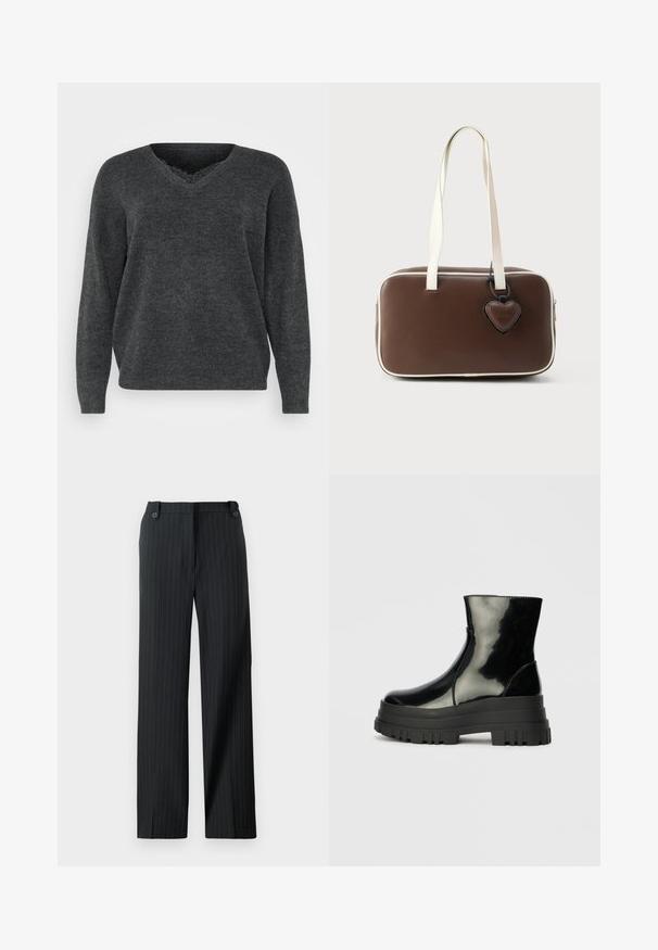Pull en tricot gris foncé avec un col en V, des manches longues et une coupe décontractée. Texture douce, détails minimes et finition lisse.; Pantalons à rayures noires avec une coupe droite, dotés de deux boutons à la taille et d'une texture lisse et structurée.; Bottines noires brillantes avec semelle lugg épaisse et bout rond, vue de côté sur un fond gris clair uni.; Sac à main en similicuir marron avec bordure blanche, forme rectangulaire, poignées courtes et étiquette décorative en forme de cœur attachée.