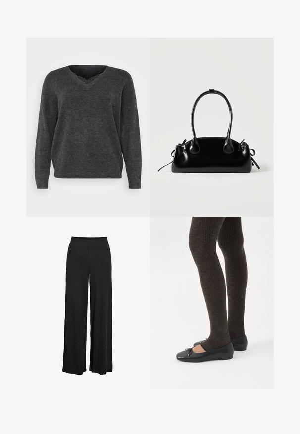 Pull en tricot gris foncé avec un col en V, des manches longues et une coupe décontractée. Texture douce, détails minimes et finition lisse.; Pantalon large noir à taille haute élastique avec une subtile texture côtelée, conçu pour une coupe ample et confortable.; Jambes portant des leggings côtelés foncés associés à des ballerines noires avec de petits détails en nœud sur fond blanc.; Petit sac à main noir brillant avec deux longues anses et des détails à cordon sur les côtés sur un fond clair uni.