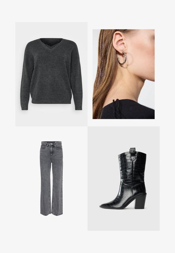 Donkergrijze gebreide trui met een v-hals, lange mouwen en een ontspannen pasvorm. Zachte textuur, minimale details en een gladde afwerking.; Hoge taille, rechte grijze spijkerbroek van denim met knopen aan de voorkant, ritssluiting en klassiek ontwerp met vijf zakken.; Zwarte westernlaars tot halverwege de kuit met een spitse neus, blokhak en hoogglanzend leer met krokodillenopdruk tegen een witte achtergrond.; Zilveren oorbel met een gepolijste afwerking, met kleine gouden accentdetails en een ronde vorm, gedragen op de oorlel.