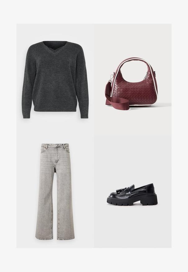 Pull en tricot gris foncé avec un col en V, des manches longues et une coupe décontractée. Texture douce, détails minimes et finition lisse.; Jean denim gris taille haute, coupe droite, avec bouton devant, fermeture éclair et design cinq poches sur fond blanc uni.; Mocassins en cuir noir avec une semelle épaisse et dentelée, ornés d'un pompon décoratif à l'avant et d'une texture lisse et brillante.; Sac à main en cuir tressé marron foncé avec poignée courbée, garniture blanche, fermeture éclair argentée et bandoulière large en tissu amovible sur fond uni.