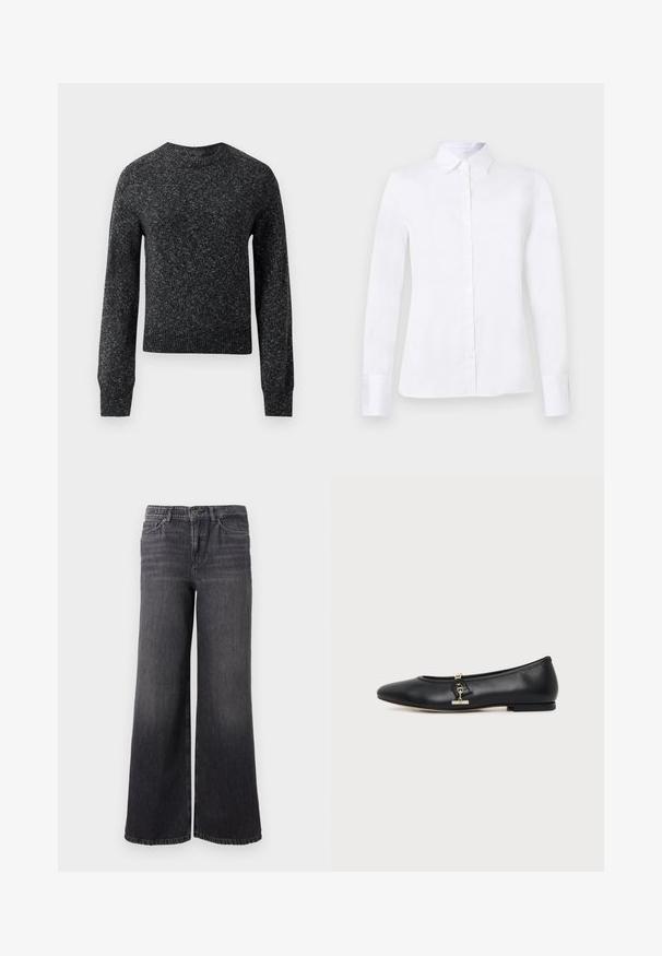 Pull en tricot marbré gris foncé avec manches longues, poignets côtelés, ourlet et col rond, présenté sur fond blanc.; Chemise blanche à manches longues avec col pointu et silhouette ajustée, présentée sur un fond gris clair uni.; Jean en denim gris foncé à jambe large avec un dégradé subtil, doté d'une fermeture à bouton, de cinq poches et d'un ourlet droit au niveau de la cheville.; Chaussure plate en cuir noir avec bout arrondi et petit détail de boucle dorée sur le côté, présentée sur un fond clair uni.