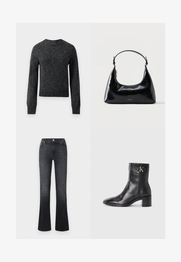 Mørkegrå meleret striktrøje med lange ærmer, ribbet manchetter, kant og rund halsudskæring, præsenteret mod en hvid baggrund.; Mørkegrå flagrende jeans med et klassisk femlomme-design, lavet af denimstof, med metalknaplukning og subtile syninger.; Sort læder ankelstøvle med spids tå, blokhæl og en rem med en metallisk logo detalje. Glat tekstur og minimalistisk design.; Sort blank Calvin Klein håndtaske med gyldent lynlås og kort rem mod en ensfarvet hvid baggrund.