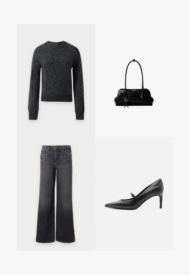Mørkegrå meleret striktrøje med lange ærmer, ribbet manchetter, kant og rund halsudskæring, præsenteret mod en hvid baggrund.; Bredde ben mørkegrå denimjeans med en subtil falmning, der har knaplukning, fem lommer og en lige kant ved anklen.; Sort læderspids højhælede sko med tynd rem og spænde over vristen, stående på en neutral lys baggrund.; Sort skuldertaske i krokodillelæder med lange stropper og lille sølvlogo-charm på den ene strop.