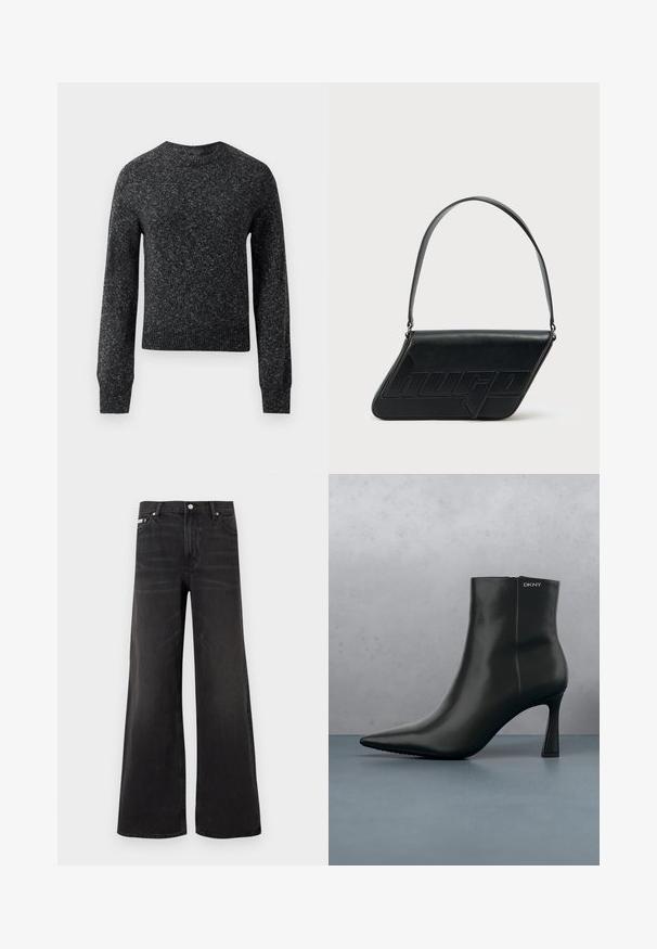Pull en tricot marbré gris foncé avec manches longues, poignets côtelés, ourlet et col rond, présenté sur fond blanc.; Jean en denim noir à jambes larges avec fermeture avant par bouton et zip, passants pour ceinture, et style cinq poches.; Bottine en cuir noir avec un bout pointu et un talon géométrique. Présente un branding subtil et une texture lisse. L'arrière-plan est constitué de carreaux texturés.; Sac d'épaule en cuir noir de forme triangulaire, avec un logo embossé et une seule bandoulière réglable. Design minimaliste avec une texture lisse.