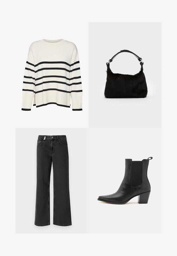 Hvid strikket sweater med sorte vandrette striber, ribbede manchetter og kant, afslappet pasform, rund halsudskæring og sideskår på taljen.; Sorte denim bukser med brede ben, som har en mellem høj talje, to frontlommer og kontrastsyning på en glat stofoverflade.; Dolce Vita SHADIE - Støvletter - black; Sort faux fur håndtaske med en blød tekstur, rund form og en robust skulderrem i sort læder. Synlige sølvhardware-detaljer.