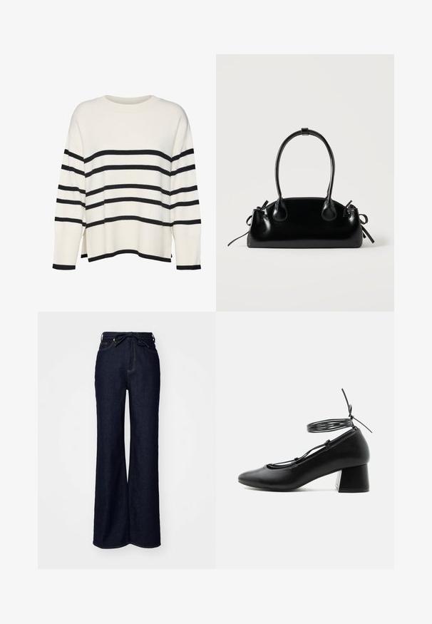 Hvid strikket sweater med sorte vandrette striber, ribbede manchetter og kant, afslappet pasform, rund halsudskæring og sideskår på taljen.; Mørkeblå brede bukser lavet af denim, med høj talje, forlommer og en bindebåndslukning i taljen.; Sort læder sko med mellemhøj hæl, spids tå, krydsede stropper og snøre omkring anklen på hvid baggrund.; Lille sort blank håndtaske med to lange håndtag og snøre-detaljer i siden på en ensfarvet lys baggrund.