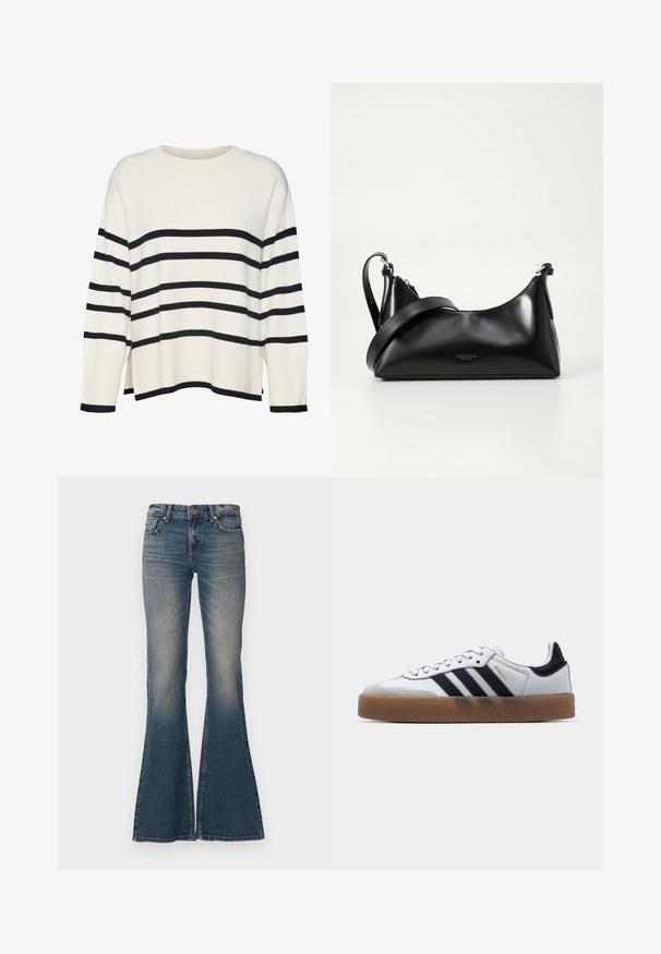 Hvid strikket sweater med sorte vandrette striber, ribbede manchetter og kant, afslappet pasform, rund halsudskæring og sideskår på taljen.; Flarede blå jeans lavet af denim, med knaplukning, fem-lomme design og en falmet finish med en bred benåbning.; Hvide lædersneakers med sorte striber, gummirubber sål, rund tå, snørelukning og blød grå ruskinds tåhætte.; Sort læderhåndtaske med en glat tekstur. Har en justerbar stropp og et enkelt, minimalistisk design med lynlås.