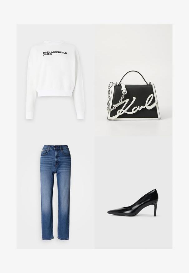 Λευκό cropped sweatshirt από φλις, με μακριά μανίκια και στρογγυλή λαιμόκοψη. Μαύρη εκτύπωση με την ένδειξη "KARL LAGERFELD JEANS" στο μπροστινό μέρος.; Τζιν παντελόνια μπλε denim με ψηλή μέση και ίσια γραμμή, με ξεβάμμένο φινίρισμα, πέντε τσέπες και κλασικό κούμπωμα με κουμπί και φερμουάρ.; Μαύρο δερμάτινο ψηλοτάκουνο παπούτσι με μυτερή μύτη, λεία υφή και κοφτό τακούνι. Μινιμαλιστικός σχεδιασμός, χωρίς επιπρόσθετες διακοσμήσεις.; Μαύρη δερμάτινη τσάντα με λευκές λεπτομέρειες. Διαθέτει αλυσίδα ως ιμάντα, δομημένο σχήμα και έντονη λευκή λεπτομέρεια με λογότυπο. Λείο υλικό.