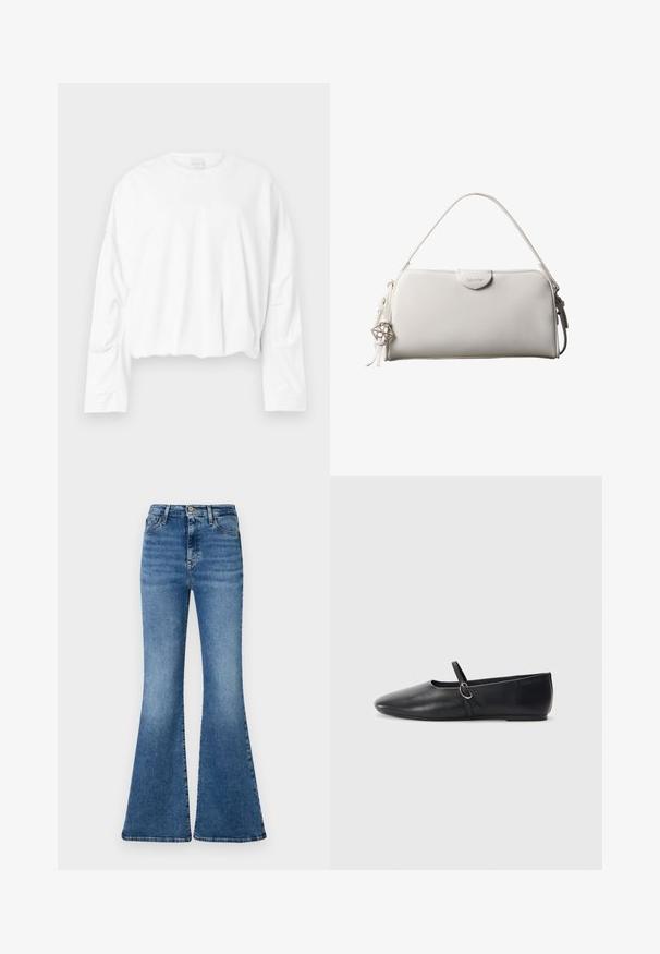 Witte, langslijf cropped sweatshirt met een ronde hals en zachte katoenen stof. Bevat lichte plooien bij de taille en een gladde textuur.; Uitlopende blauwe jeans gemaakt van denim, met een hoge taille, lichte vervaging en een klassieke vijf-zakkenontwerp.; Zwarte leren balletschoenen met een spitse neus, platte zool en een kleine strap met een zilveren gespsluiting.; Witte rechthoekige Calvin Klein handtas met enkele handgreep, minimalistisch ontwerp en decoratieve kwastjes met geometrische metalen hanger aan de zijkant.