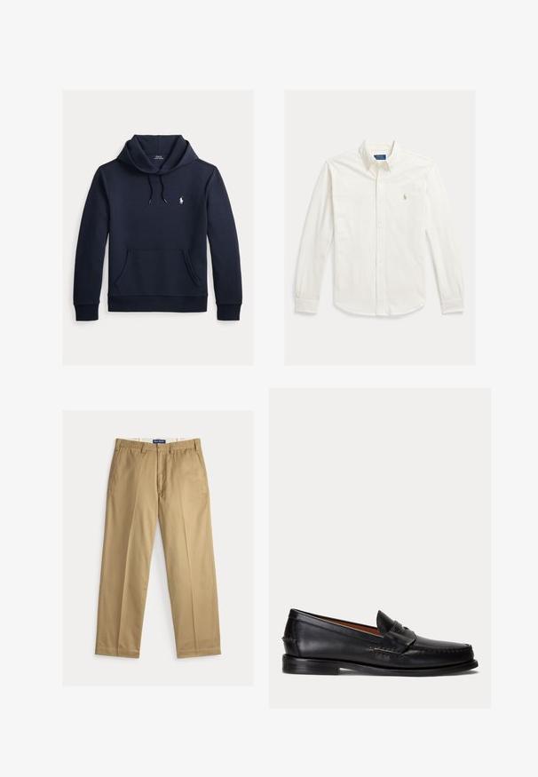 Tmavomodrá mikina s kapucňou so šnúrkou, predným klokanie vreckom, dlhými rukávmi a malým bielym logom Polo Ralph Lauren na hrudi.; Biela košeľa s dlhým rukávom na gombíky s golierom a vyšívaným logom Polo Ralph Lauren na ľavej strane hrudníka.; Béžové chino nohavice z bavlnenej tkaniny. Strih s rovnými nohavicami, s hladkým predným dielom, dvomi bočnými vreckami a pásom so zapínaním na gombík.; Čierny kožený mokasín s nízkym podpätkom a detailom s penny remienkom, zobrazený z boku na svetlosivom pozadí.