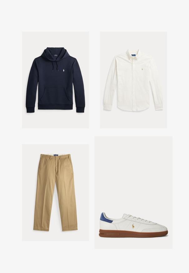 Tmavomodrá mikina s kapucňou so šnúrkou, predným klokanie vreckom, dlhými rukávmi a malým bielym logom Polo Ralph Lauren na hrudi.; Biela košeľa s dlhým rukávom na gombíky s golierom a vyšívaným logom Polo Ralph Lauren na ľavej strane hrudníka.; Béžové chino nohavice z bavlnenej tkaniny. Strih s rovnými nohavicami, s hladkým predným dielom, dvomi bočnými vreckami a pásom so zapínaním na gombík.; Biele nízke tenisky s hnedou podrážkou, modrým pätovým pásikom, šnúrkami a zlatým logom Polo Ralph Lauren na boku.