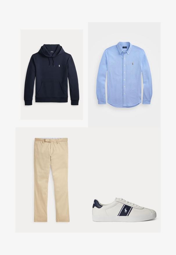 Tmavomodrá mikina s kapucňou so šnúrkou, predným klokanie vreckom, dlhými rukávmi a malým bielym logom Polo Ralph Lauren na hrudi.; Svetlomodrá košeľa s dlhým rukávom a gombíkmi, vyrobená z mäkkej bavlny, má klasický golier a malé vyšívané logo na hrudi.; Béžové nohavice s rovnými nohavicami, s pútkami na opasok a predným zipsom, položené na bielom pozadí.; Biele nízke tenisky s námorníckym modrým pásikom a logom na boku, s námorníckym modrým pätovým pásikom, plochou bielou podrážkou a bielymi šnúrkami.