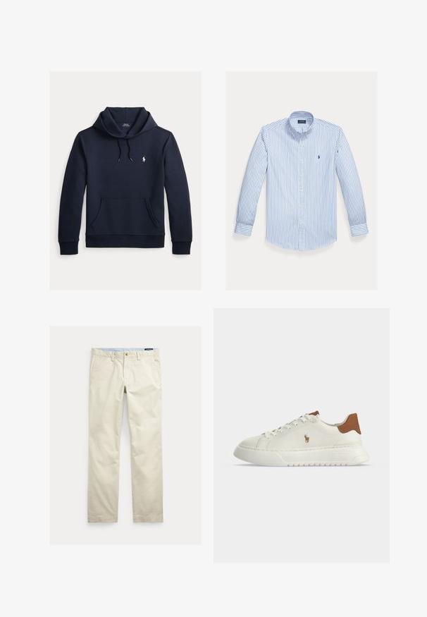 Tmavomodrá mikina s kapucňou so šnúrkou, predným klokanie vreckom, dlhými rukávmi a malým bielym logom Polo Ralph Lauren na hrudi.; Svetlomodrá košeľa s dlhými rukávmi, zapínaná na gombíky, s vertikálnymi bielymi pruhmi, golierom zapínateľným na gombíky a malým logom na ľavej náprsnej vrecku.; Béžové bavlnené nohavice s rovnými nohavicami, opaskové pútká, predné zapínanie na gombík, zips a bočné vrecká.; Biely nízky teniska s hnedou pätkou, šnurovaním vpredu, hrubou podrážkou a malým vyšívaným logom koňa na boku.