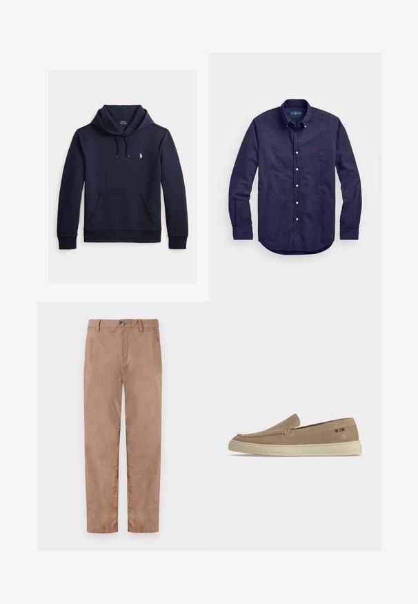 Tmavomodrá mikina s kapucňou so šnúrkou, predným klokanie vreckom, dlhými rukávmi a malým bielym logom Polo Ralph Lauren na hrudi.; Námornícky modrá bavlnená košeľa na gombíky s dlhými rukávmi, špicatým golierom a malým červeným logom na ľavej strane hrude. Obsahuje biele gombíky.; TOM TAILOR REGULAR WASHED - Nohavice chinos - caribou beige; Béžový semišový slip-on mokasín s bielou gumovou podrážkou a malou viacfarebnou textilnou značkou na bočnej strane päty.