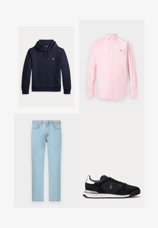Tummansininen huppari, jossa on edessä kengurutasku, kiristysnauha hupussa, pitkät hihat ja pieni valkoinen Polo Ralph Lauren -logo rinnassa.; Vaaleanpunavalkoinen pystyraitainen pitkähihainen napillinen kauluspaita, jossa on kaulus ja vasemmassa rinnassa pieni kirjailtu logo.; Vaaleansiniset suoralahkeiset farkut, joissa edessä nappi- ja vetoketjusulku, etu- ja takataskut, valkoisella taustalla esillä.; Musta ja hopea matala tennari, jossa nyöritys, valkoinen pohja ja sivulla kirjailtu Polo-logo, kuvattuna ulkoreunalta.