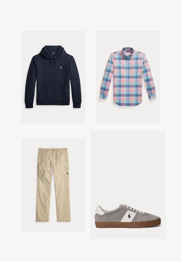 Tummansininen huppari, jossa on edessä kengurutasku, kiristysnauha hupussa, pitkät hihat ja pieni valkoinen Polo Ralph Lauren -logo rinnassa.; Puuvillainen nappikiinnitteinen paita, jossa monivärinen ruutukuosi vaaleanpunaisilla, sinisillä ja vihreillä sävyillä. Paidassa on levitetty kaulus ja pitkät hihat.; Beiget puuvillaiset housut, joissa kirjailtuja kuvioita, kuten puita ja vuoria, napillinen kiinnitys ja vyölenkit.; Matala harmaa mokkanahkainen lenkkari, jossa valkoiset nauhat, valkoinen kanta ja sivupaneeli, jossa musta poloilijan logo sekä ruskea kumipohja.