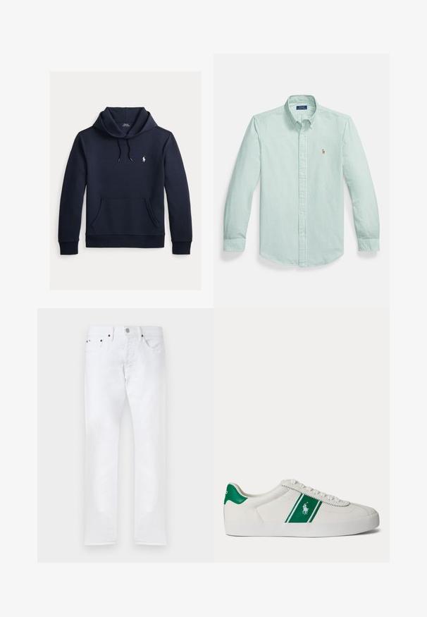 Donker marineblauwe hoodie met voorkangoeroezak, capuchon met trekkoord, lange mouwen en klein wit Polo Ralph Lauren-logo op de borst.; Lichtgroen overhemd met knopen, verticale witte strepen, een spitse kraag en een klein geborduurd logo op de borst.; Witte slim-fit jeans met vijf zakken, knoopsluiting en riemlussen, plat gelegd op een witte achtergrond.; Witte lage sneaker met groene streep en Polo-logo aan de zijkant, groene hieltab en witte veters, vanaf de linkerkant getoond op een effen achtergrond.