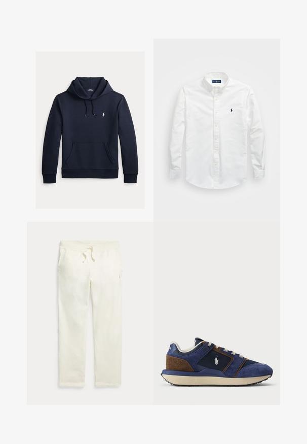 Mørk navyblå hættetrøje med front kangurulomme, snøre i hætten, lange ærmer og lille hvid Polo Ralph Lauren-logo på brystet.; Hvid skjorte med knapper lavet af bomuld. Har en spids krave, lange ærmer, og et lille navy-logo på brystet. Glat tekstur.; Off-white joggingbukser med elastisk talje, forlommer og snøre til justering.; Marineblå ruskind og mesh sneakers med lysere accenter, beige gummisål og hvide snørebånd; har et logo på siden.
