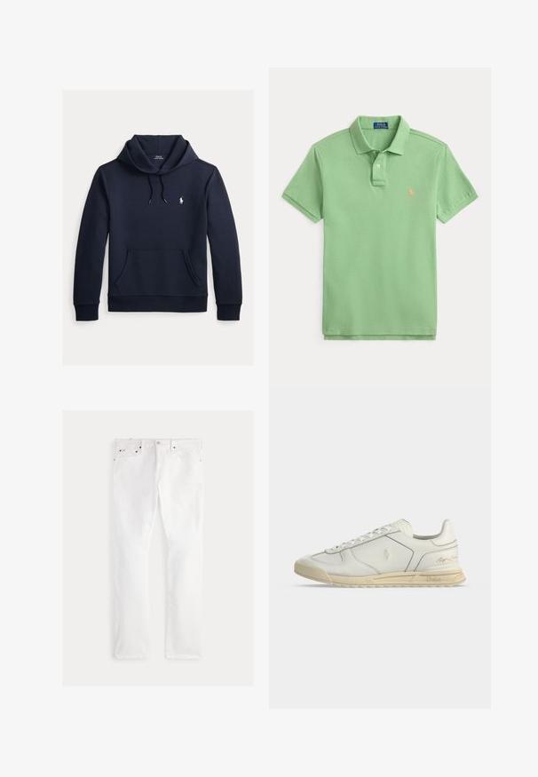 Donker marineblauwe hoodie met voorkangoeroezak, capuchon met trekkoord, lange mouwen en klein wit Polo Ralph Lauren-logo op de borst.; Lichtgroen polo shirt met korte mouwen en kraag, voorzien van een knoopsluiting met twee knopen en een klein perzikkleurig geborduurd logo op de borst.; Witte denim jeans met een rechte pijp, voorzien van vijf zakken, koperen details en subtiele stikselaccenten. Gladde textuur met een nette afwerking.; Witte lage leren sneaker met beige zool, veterluiting aan de voorkant en Polo Ralph Lauren-logo’s die zijn gegraveerd op de zijkant en hiel.