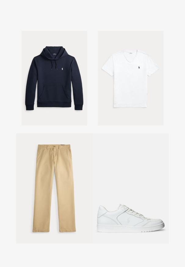 Mørk navyblå hættetrøje med front kangurulomme, snøre i hætten, lange ærmer og lille hvid Polo Ralph Lauren-logo på brystet.; Hvid V-hals T-shirt med korte ærmer og lille mørkeblå Polo Ralph Lauren-logo på venstre bryst, vist fladt på en lys baggrund.; Beige bukser med lige ben, bæltestropper, sidelommer og en knappet talje på hvid baggrund.; Hvide lædersneakers med en glat tekstur, der har en perforeret tå, snørebåndslukning og broderet logo på siden. Hvid gummisål.