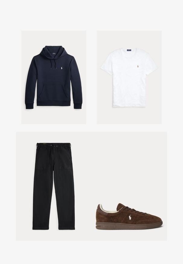 Sweat à capuche bleu marine foncé avec poche kangourou à l'avant, capuche à cordon, manches longues et petit logo blanc Polo Ralph Lauren sur la poitrine.; T-shirt blanc à col rond et manches courtes avec petit logo Polo Ralph Lauren brodé sur la poitrine gauche et étiquette de marque bleue à l’intérieur du col.; Pantalon noir droit avec poches plaquées à l'avant, fermeture par bouton et zip, et passants de ceinture, présenté sur fond blanc.; Baskets basses en daim marron avec semelle marron foncé, lacets et logo Polo blanc brodé sur le côté.
