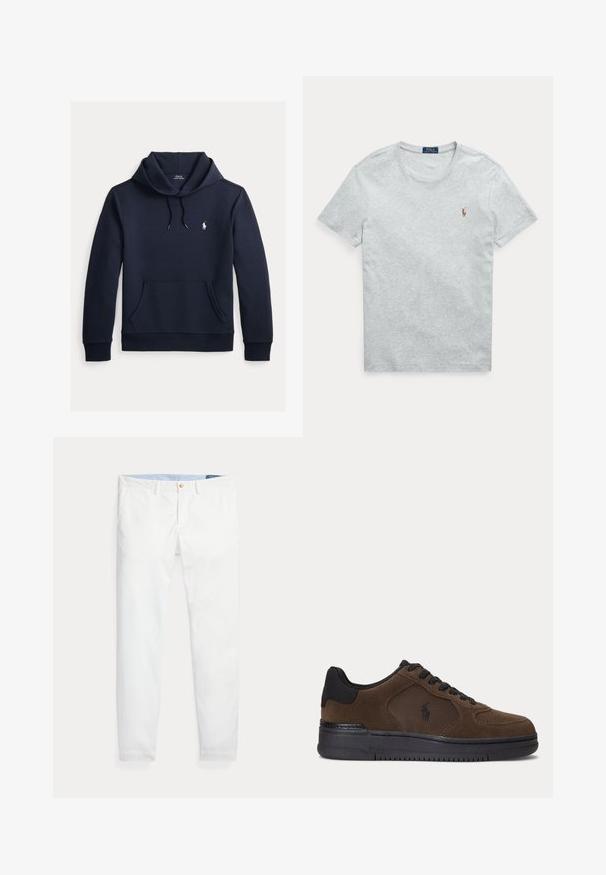 Donker marineblauwe hoodie met voorkangoeroezak, capuchon met trekkoord, lange mouwen en klein wit Polo Ralph Lauren-logo op de borst.; Lichtgrijs T-shirt met korte mouwen en ronde hals met klein geborduurd Polo Ralph Lauren-logo op de linkerborst.; Witte katoenen chino's met een slim fit, voorzien van een enkele gouden knoopsluiting en een lichtblauwe binnenband. Gladde textuur zonder patronen.; Donkerbruine lage sneaker met zwarte zool, zwarte veters en een mesh zijpaneel met een klein zwart logo.