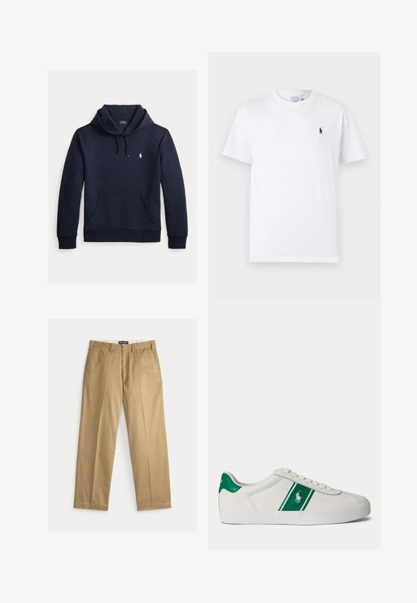 Mørk navyblå hættetrøje med front kangurulomme, snøre i hætten, lange ærmer og lille hvid Polo Ralph Lauren-logo på brystet.; Hvid kortærmet T-shirt med rund hals og lille mørkeblå polo spiller logo på venstre bryst.; Beige chinos lavet af bomuldsstof. Design med lige ben, flad front, to sidelommer og en talje med knaplukning.; Hvid low-top sneaker med grøn stribe og Polo-logo på siden, grøn hæl-flik og hvide snørebånd, vist fra venstre side på ensfarvet baggrund.