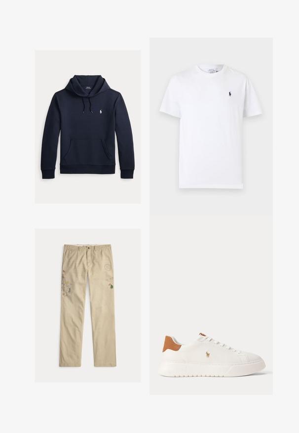Tmavomodrá mikina s kapucňou so šnúrkou, predným klokanie vreckom, dlhými rukávmi a malým bielym logom Polo Ralph Lauren na hrudi.; Biele tričko s krátkym rukávom a okrúhlym výstrihom, s malým tmavomodrým logom hráča póla na ľavej strane hrudníka.; Béžové bavlnené nohavice s vyšívanými motívmi, vrátane stromov a hôr, so zapínaním na gombíky a pútkami na opasok.; Biely nízky teniska s béžovou pätovou záložkou, bielymi šnúrkami a malým vyšívaným logom hráča póla na boku nad tlustou podrážkou.