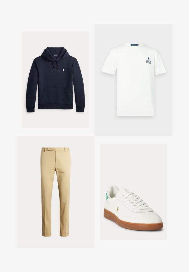 Sweat à capuche bleu marine foncé avec poche kangourou à l'avant, capuche à cordon, manches longues et petit logo blanc Polo Ralph Lauren sur la poitrine.; T-shirt en coton blanc avec un col rond, des manches courtes et un logo bleu "POLO Ralph Lauren" sur la poitrine gauche.; Pantalon beige coupe droite avec passants de ceinture, braguette devant et ourlets retroussés, présenté sur un fond clair uni.; Baskets blanches à lacets avec semelle en caoutchouc marron, languette de talon verte et petit logo doré de joueur de polo sur le côté extérieur.